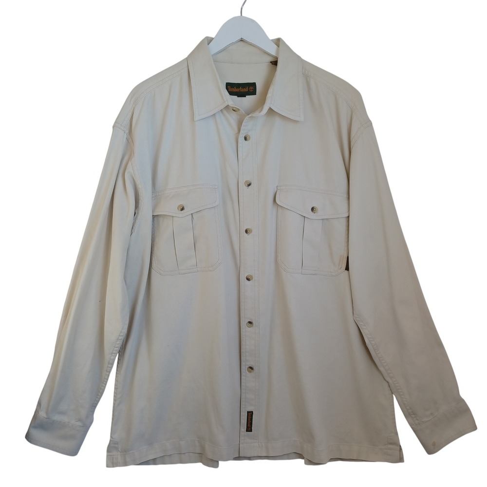 Timberland Mens XL Long Sleeve Button Down Work Shirt Cream Canvas Utility